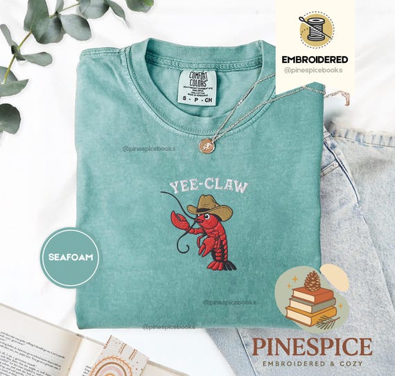 Yee Claw Lobster T-Shirt, Cowboy Lobster Embroidered Tee, Funny Western Meme Shirt, Comfort Colors T-Shirt