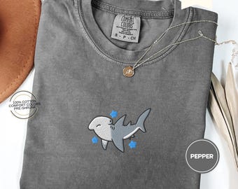 Embroidered Cute Hammerhead Shark Comfort Colors® T-Shirt, Ocean Animal Tee, Summer Beach Outfit, Marine Life Gift for Shark Lovers