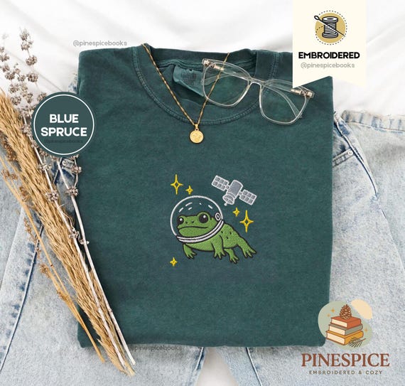 Space Frog Shirt, Embroidered Frog and Satellite Tee, Cute Space T-Shirt, Comfort Colors 1717, Cosmic Frog Gift, Whimsical Frog Tee