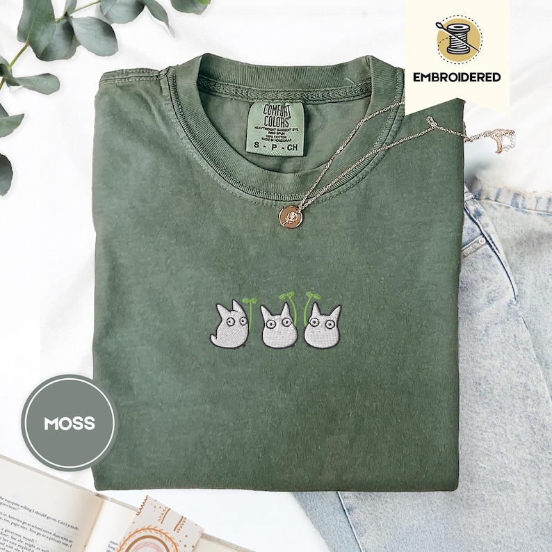 Chibi Totoros Embroidered Comfort Colors® Tee – Cute Forest Spirit Shirt, Cottagecore Anime Gift, Cozy Studio Anime inspired Top