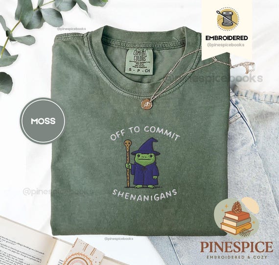 Off to Commit Shenanigans Wizard Frog Funny DnD Tee, Embroidered Comfort Colors 1717, Ren Faire Fantasy Gift