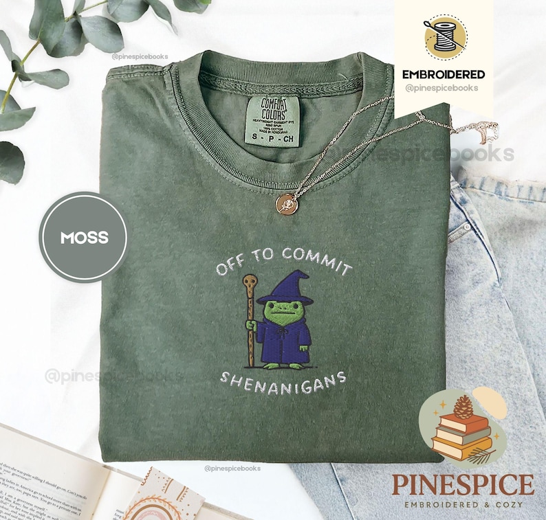 Off to Commit Shenanigans T-Shirt, Wizard Frog Shirt, Funny DnD Tee, Embroidered Comfort Colors 1717, Ren Faire Fantasy Gift