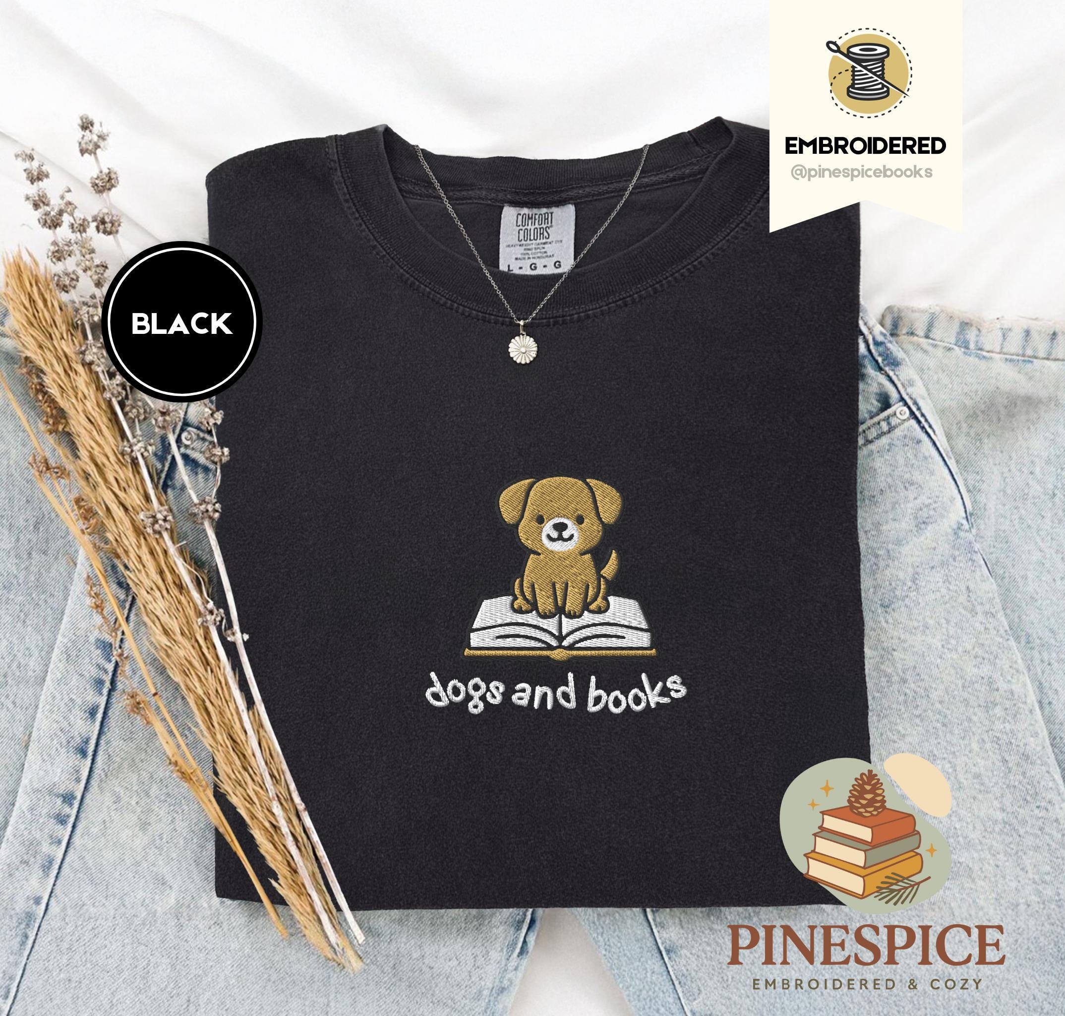犬と本のTシャツ、刺繍入りコンフォートカラー1717、犬好きTシャツ