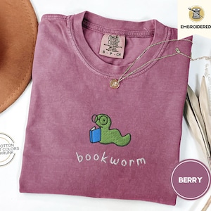 Bookworm Embroidered Tee – Cute Comfort Colors Shirt for Book Lovers, Bookish Gifts