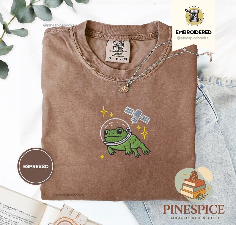 Space Frog Shirt, Embroidered Frog and Satellite Tee, Cute Space T-Shirt, Comfort Colors 1717, Cosmic Frog Gift, Whimsical Frog Tee