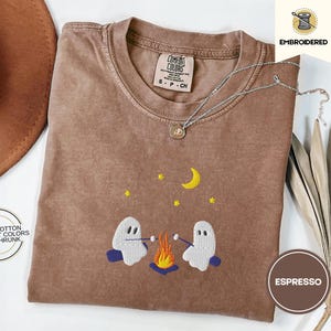 Cute Ghosts Camping Embroidered Comfort Colors Tee, Spooky Season Outdoors Gifts, Halloween Vintage Embroidery Tshirt