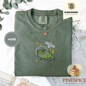 Space Frog Shirt, Embroidered Frog and Satellite Tee, Cute Space T-Shirt, Comfort Colors 1717, Cosmic Frog Gift, Whimsical Frog Tee