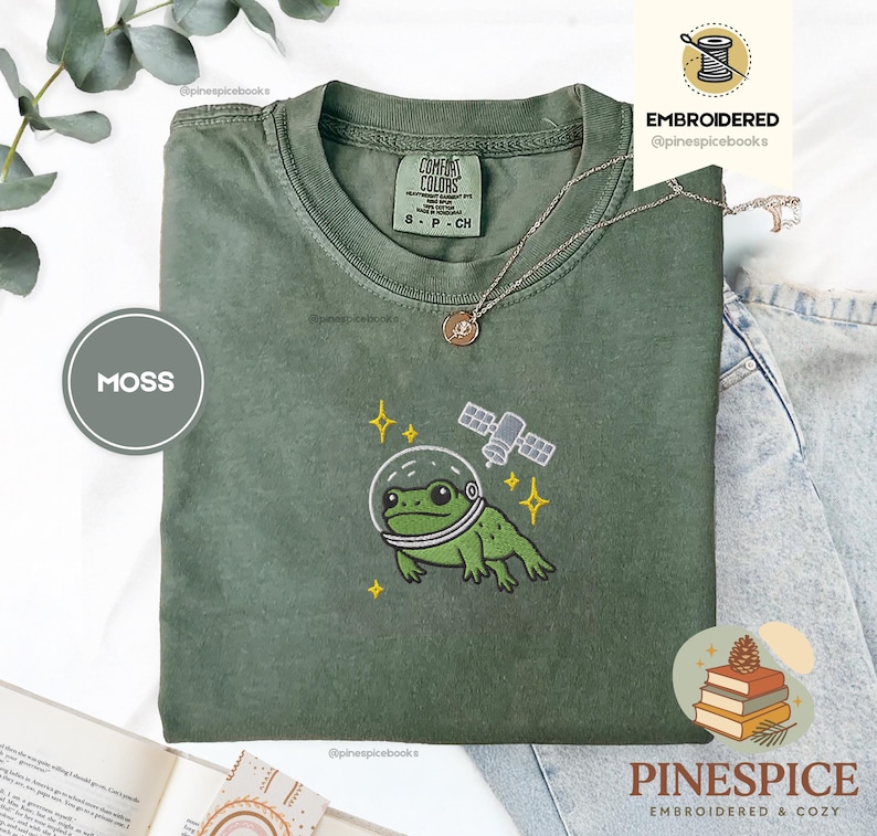 Space Frog Shirt, Embroidered Frog and Satellite Tee, Cute Space T-Shirt, Comfort Colors 1717, Cosmic Frog Gift, Whimsical Frog Tee