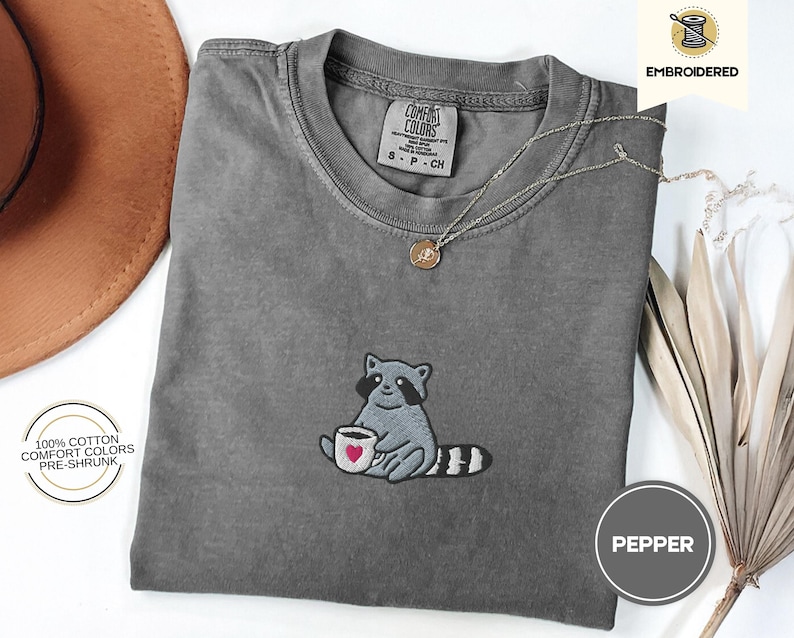 Raccoon Coffee Embroidered Shirt Comfort Colors Tee - Cute Animal Embroidery - Coffee Lover Gift - Cottagecore Forestcore Tee - Cozy T-Shirt