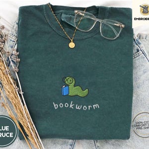 Bookworm Embroidered Tee – Cute Comfort Colors Shirt for Book Lovers, Bookish Gifts