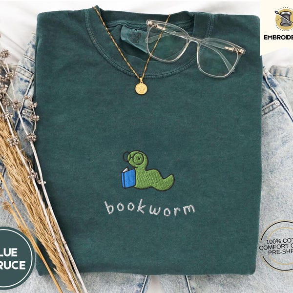 Bookworm Embroidered Tee – Cute Comfort Colors Shirt for Book Lovers, Bookish Gifts