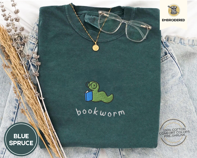 Bookworm Embroidered Tee – Cute Comfort Colors Shirt for Book Lovers, Bookish Gifts