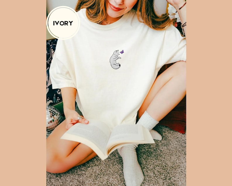 Embroidered Snow Fox Onyx Quicksilver Book Comfort Colors Tee, Fae and Alchemy Little Osha Kingfisher Shirt, Cozy Cute Tee