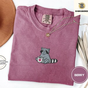 Raccoon Coffee Embroidered Shirt Comfort Colors Tee - Cute Animal Embroidery - Coffee Lover Gift - Cottagecore Forestcore Tee - Cozy T-Shirt