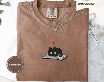 Black Cat and Book Embroidered Comfort Colors Tee, Gift for Readers, Kitten Reading Shirt, Crewneck Cozy Book Club T-Shirts for Fall Gifts