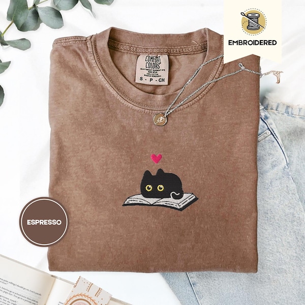 Black Cat and Book Embroidered Comfort Colors Tee, Gift for Readers, Kitten Reading Shirt, Crewneck Cozy Book Club T-Shirts for Fall Gifts