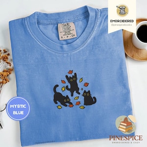 Black Cats and Fall Leaves Tee, Embroidered Autumn Cat Shirt, Comfort Colors 1717, Cute Fall T-Shirt, Cozy Cat Lover Gift, Autumn Aesthetic