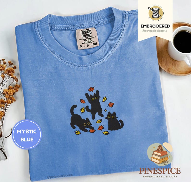 Black Cats and Fall Leaves Tee, Embroidered Autumn Cat Shirt, Comfort Colors 1717, Cute Fall T-Shirt, Cozy Cat Lover Gift, Autumn Aesthetic