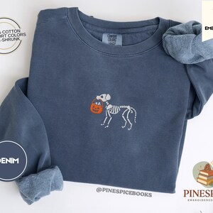 Skeleton Dog Trick or Treat Sweatshirt, Embroidered Halloween Dog Shirt, Comfort Colors 1566, Cozy Fall Pullover, Spooky Pet Lover Gift, Boo