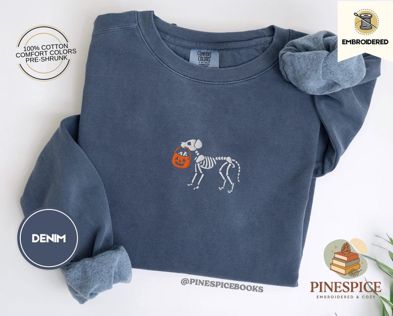 Skeleton Dog Trick or Treat Sweatshirt, Embroidered Halloween Dog Shirt, Comfort Colors 1566, Cozy Fall Pullover, Spooky Pet Lover Gift, Boo