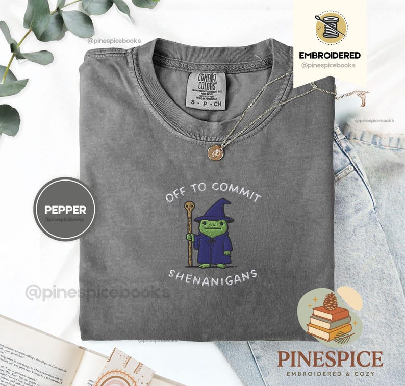 Off to Commit Shenanigans Wizard Frog Funny DnD Tee, Embroidered Comfort Colors 1717, Ren Faire Fantasy Gift