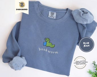 embroidered bookworm comfort colors sweatshirt, cozy fall sweater for book lovers, readers gift