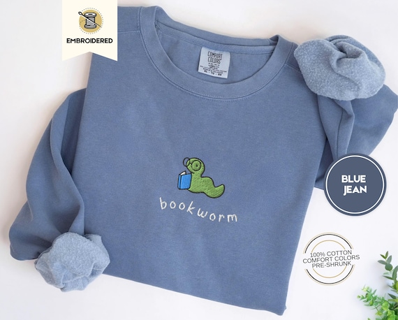 embroidered bookworm comfort colors sweatshirt, cozy fall sweater for book lovers, readers gift