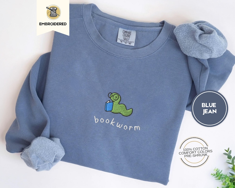embroidered bookworm comfort colors sweatshirt, cozy fall sweater for book lovers, readers gift