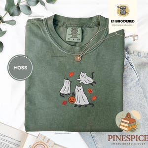 Ghost Cats Fall Shirt, Embroidered Halloween Tee, Cute Autumn Cat T-Shirt, Comfort Colors 1717, Spooky Fall Leaves Shirt, Cozy Cat Gift