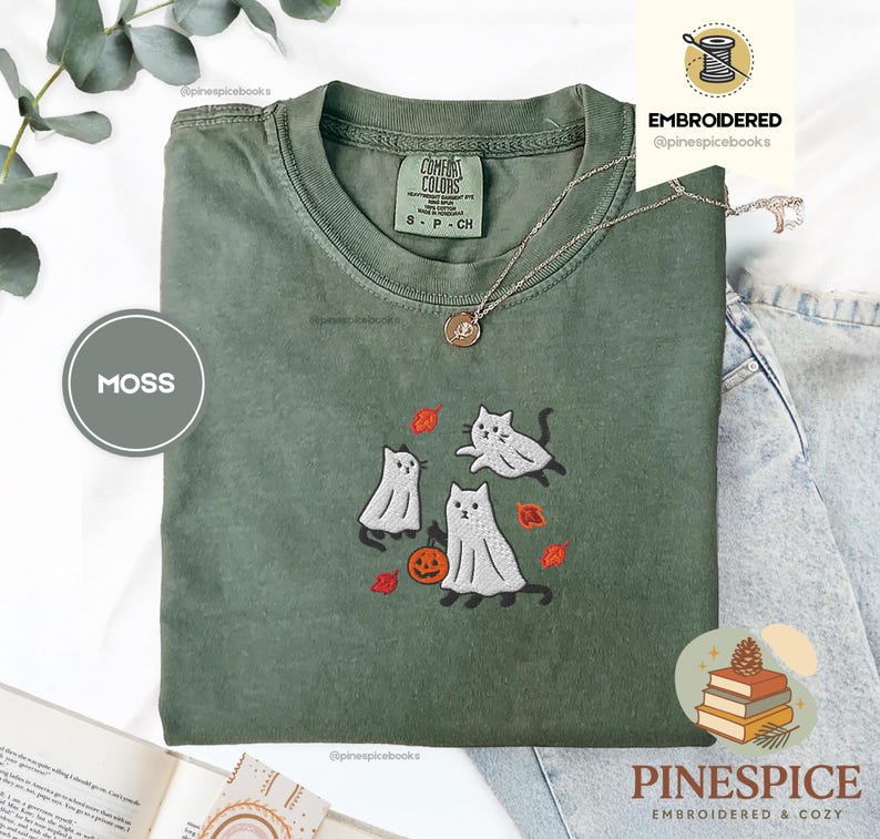Ghost Cats Fall Shirt, Embroidered Halloween Tee, Cute Autumn Cat T-Shirt, Comfort Colors 1717, Spooky Fall Leaves Shirt, Cozy Cat Gift