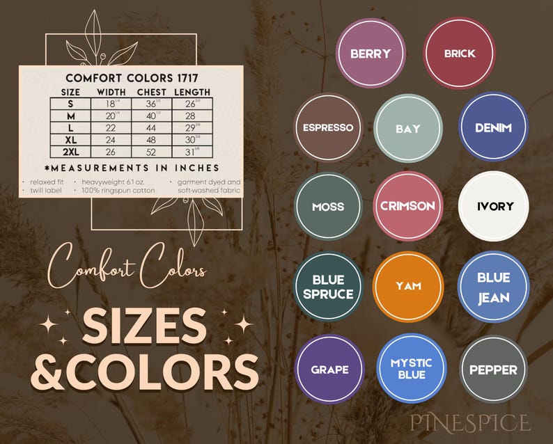 May include: A graphic featuring a size chart with measurements in inches and a color palette. The chart displays sizes S to 2XL with corresponding width, chest, and length measurements. Colors include Berry, Brick, Espresso, Bay, Denim, and more.