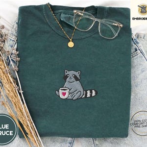 Raccoon Coffee Embroidered Shirt Comfort Colors Tee - Cute Animal Embroidery - Coffee Lover Gift - Cottagecore Forestcore Tee - Cozy T-Shirt