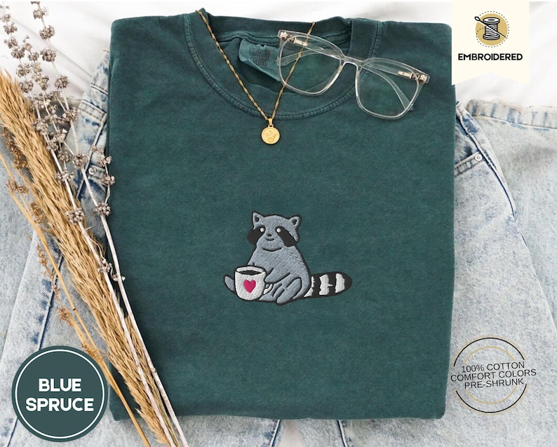 Raccoon Coffee Embroidered Shirt Comfort Colors Tee - Cute Animal Embroidery - Coffee Lover Gift - Cottagecore Forestcore Tee - Cozy T-Shirt