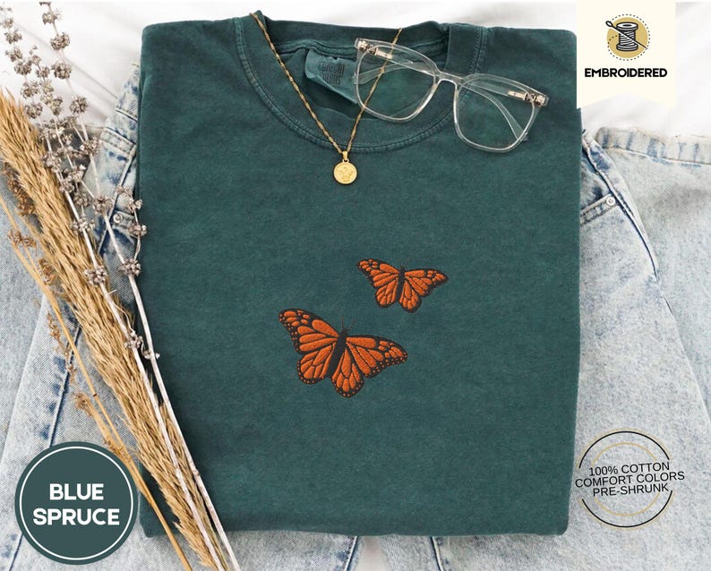 Butterfly Comfort Colors Tee, Embroidered Butterfly Shirt, Minimalist T-Shirt, Embroidered Tee, Embroidered Shirt, Custom Shirt, Retro Shirt
