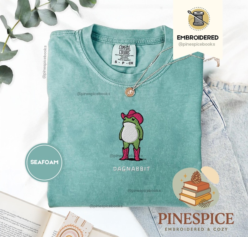 Dagnabbit Cowboy Frog Stickhemd, Pinkes Cowboystiefel-T-Shirt, Lustiges Comfort Colors Shirt Seafoam