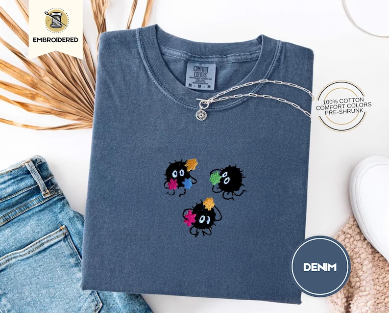 Soot Sprites Cozy Embroidered Comfort Colors® T-Shirt – Studio Inspired Cottagecore Tee, Cute Anime Aesthetic Shirt, Cozy Autumn Whimsy Gift