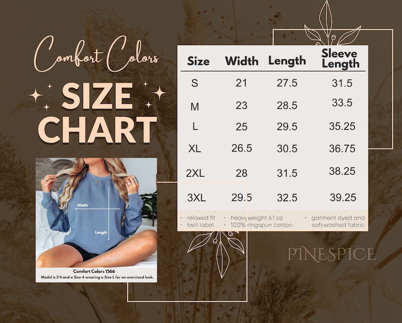 Puede incluir: Tabla de tallas para ropa Comfort Colors, con medidas de ancho, largo y largo de manga en cm. Tallas de la S a la 3XL. Una modelo lleva una sudadera azul. Tambi&eacute;n se ven los textos "Comfort Colors" y "PINESPICE".