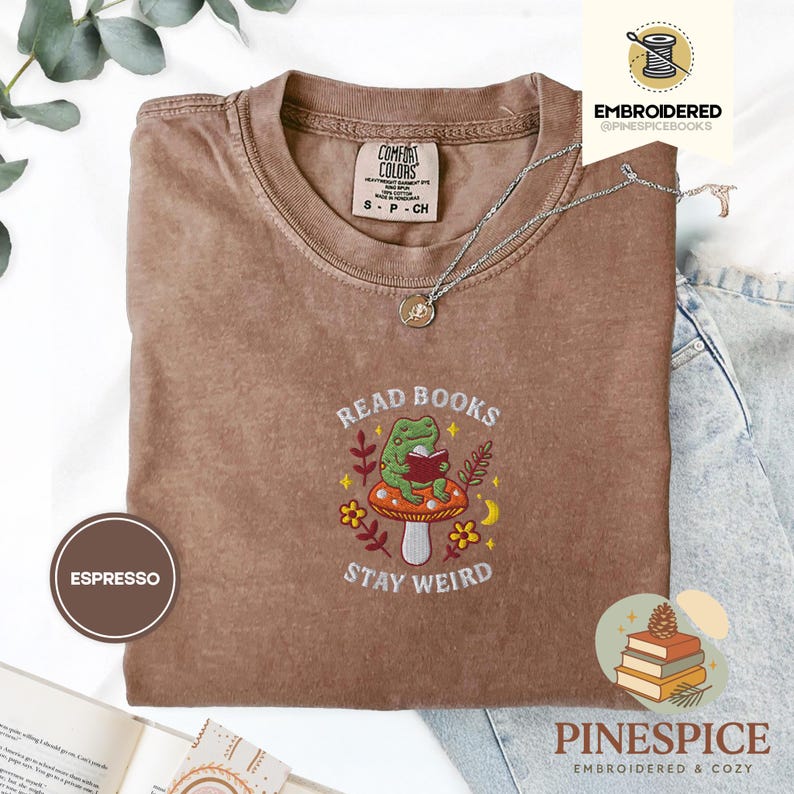 Read books stay weird tee, embroidered mushroom frog shirt, bookish cottagecore t-shirt, comfort colors 1717, cozy reader gift, frogcore tee