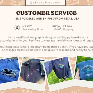 Może przedstawiać: Obraz przedstawia ogłoszenie obsługi klienta z przykładami haftowanej odzieży. Tekst zawiera "CUSTOMER SERVICE" i "EMBROIDERED AND SHIPPED FROM TEXAS, USA." Wspomina r&oacute;wnież o czasie przetwarzania 1-3 dni i wysyłce 4-5 dni. Pokazano przykłady haftowanych bluz.