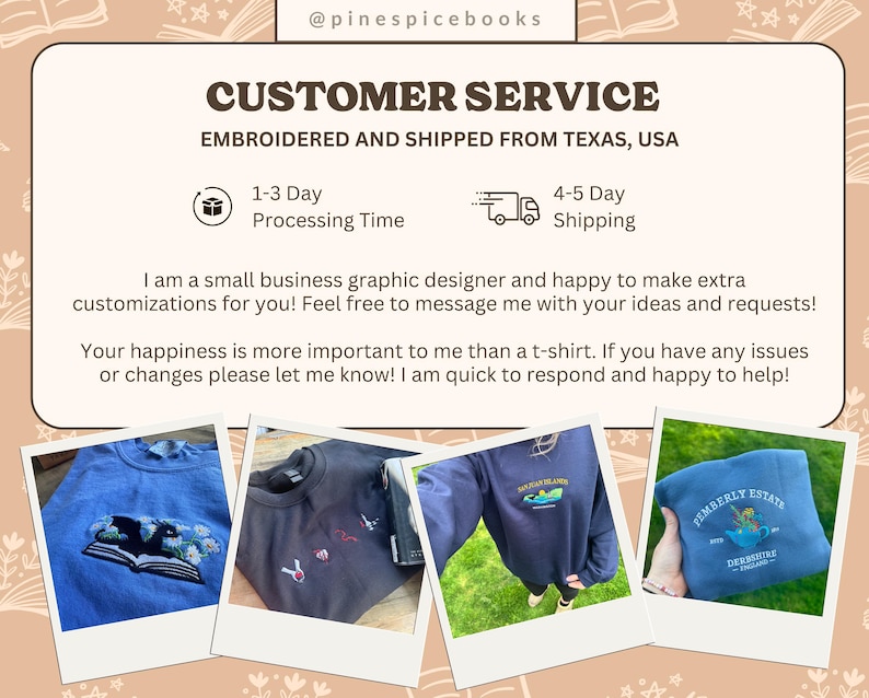 Może przedstawiać: Obraz przedstawia ogłoszenie obsługi klienta z przykładami haftowanej odzieży. Tekst zawiera "CUSTOMER SERVICE" i "EMBROIDERED AND SHIPPED FROM TEXAS, USA." Wspomina r&oacute;wnież o czasie przetwarzania 1-3 dni i wysyłce 4-5 dni. Pokazano przykłady haftowanych bluz.