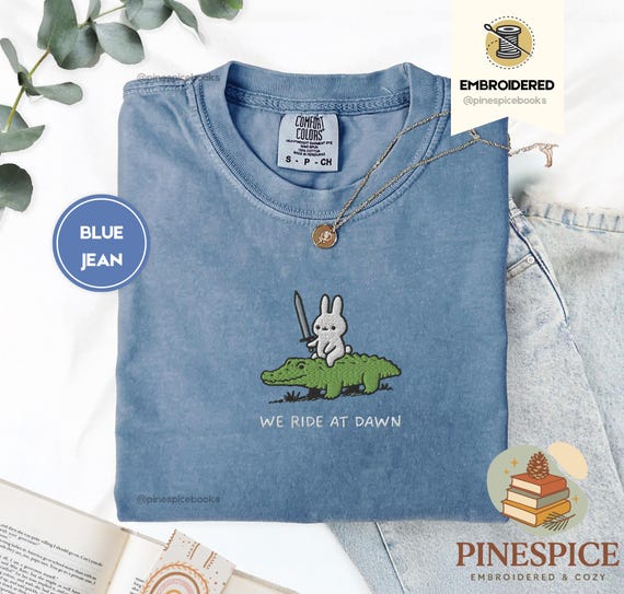 We Ride at Dawn T-Shirt, Bunny and Alligator Embroidered Tee, Comfort Colors 1717, Funny Ren Faire Shirt, Whimsical Animal Top