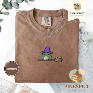 Witchy Frog Broomstick Tee, Embroidered Halloween Shirt, Cute Whimsical Frog T-Shirt, Comfort Colors 1717, Boo Basket Gift, Fall Tee