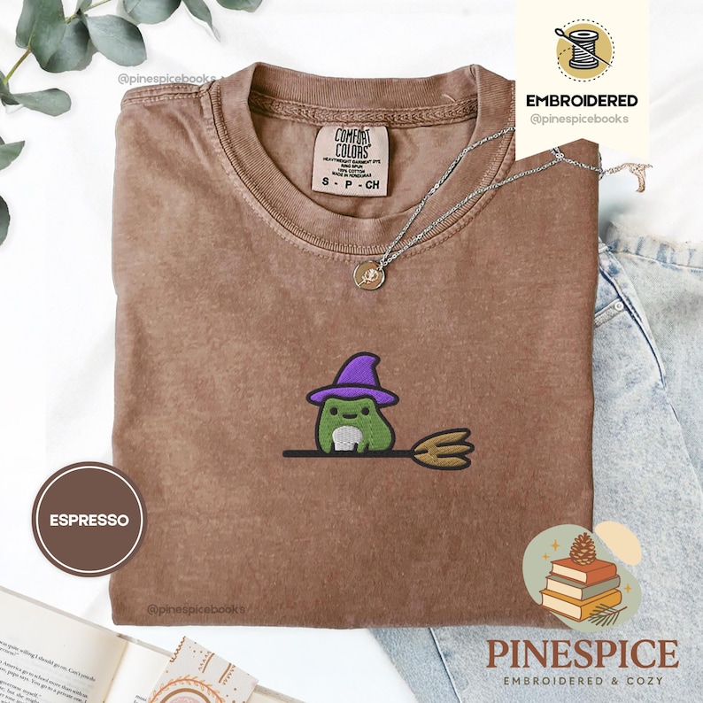 Witchy Frog Broomstick Tee, Embroidered Halloween Shirt, Cute Whimsical Frog T-Shirt, Comfort Colors 1717, Boo Basket Gift, Fall Tee