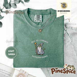 Può includere: Una t-shirt verde chiaro con un ricamo raffigurante una rana vestita da mago con un bastone e un cappello con una stella. Il testo sopra e sotto la rana recita: "OFF TO COMMIT SHENANIGANS". La maglietta presenta un'etichetta Comfort Colors.