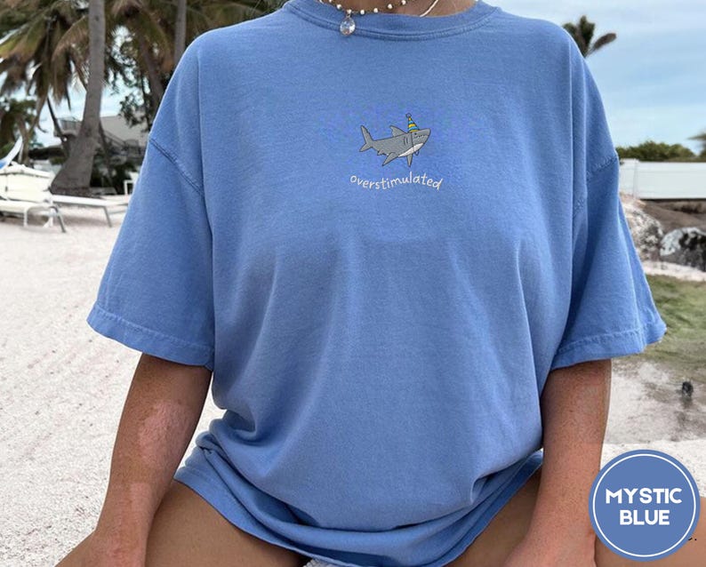 Overstimulated Party Hat Shark Embroidered Comfort Colors® Tee – Funny Weirdcore Summer Shirt, Neurodivergent Shark Shirt, Ocean Vibes Tee