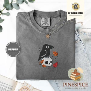 Crow and Skull Tee, Embroidered Raven T-Shirt, Halloween Comfort Colors 1717, Spooky Fall Shirt, Gothic Bird Tee, Boo Basket Gift