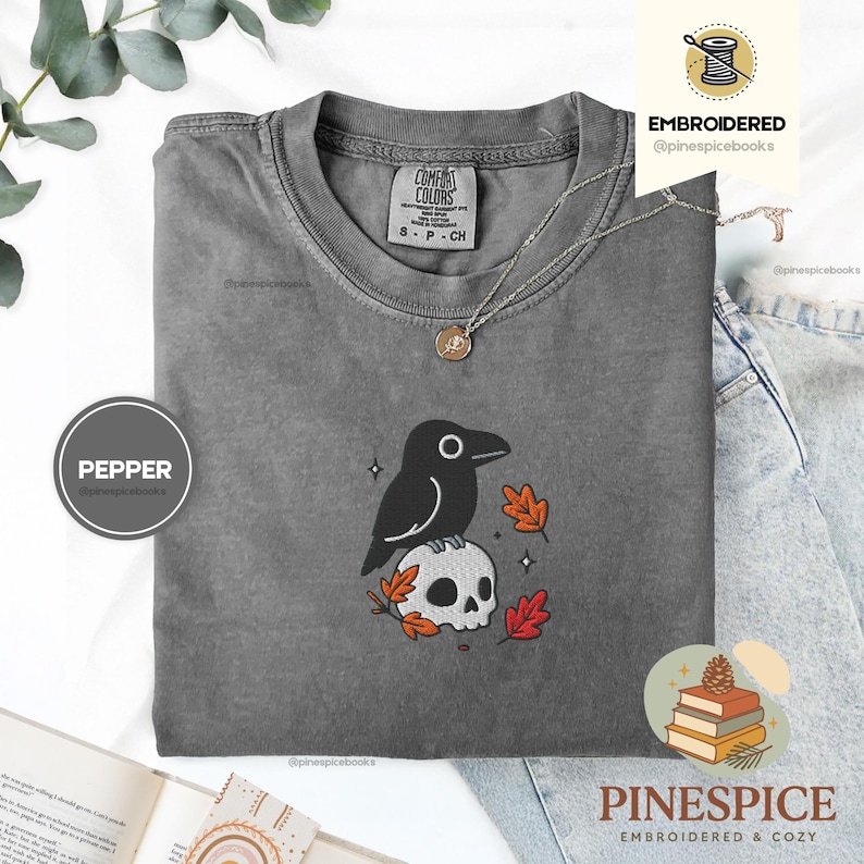 Crow and Skull Tee, Embroidered Raven T-Shirt, Halloween Comfort Colors 1717, Spooky Fall Shirt, Gothic Bird Tee, Boo Basket Gift