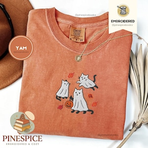 Ghost Cats Fall Shirt, Embroidered Halloween Tee, Cute Autumn Cat T-Shirt, Comfort Colors 1717, Spooky Fall Leaves Shirt, Cozy Cat Gift