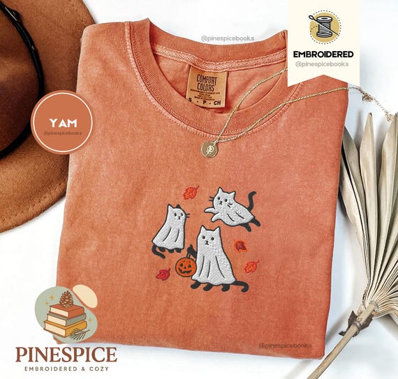 Ghost Cats Fall Shirt, Embroidered Halloween Tee, Cute Autumn Cat T-Shirt, Comfort Colors 1717, Spooky Fall Leaves Shirt, Cozy Cat Gift