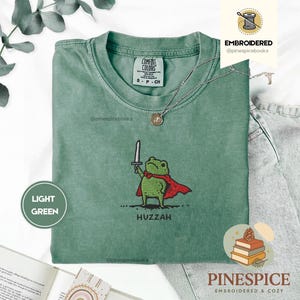 Huzzah Frog with Sword Tee, Embroidered Medieval Frog Shirt, Comfort Colors 1717, Funny DnD T-Shirt, Renaissance Faire Frog Gift